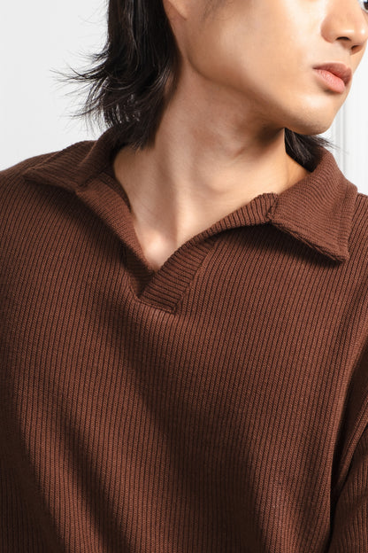 Knitted Open Collar Polo Shirt - Cedar Brown