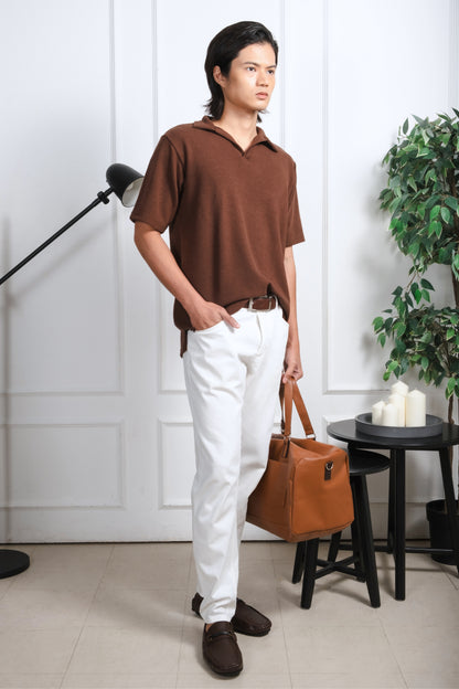 Knitted Open Collar Polo Shirt - Cedar Brown