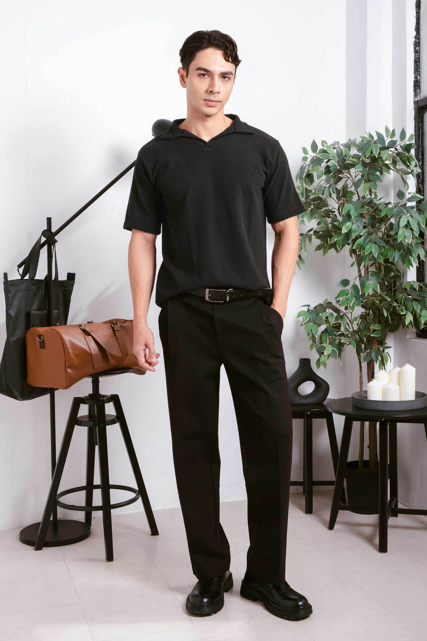 Knitted Open Collar Polo Shirt - Black