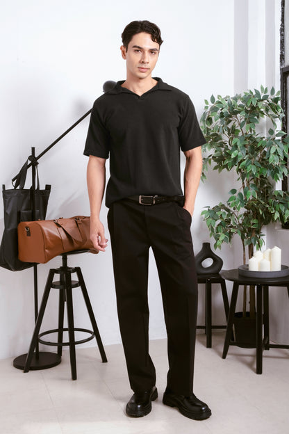 Knitted Open Collar Polo Shirt - Black