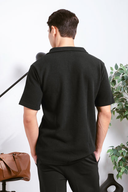 Knitted Open Collar Polo Shirt - Black