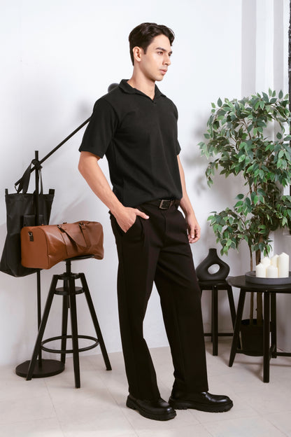 Knitted Open Collar Polo Shirt - Black