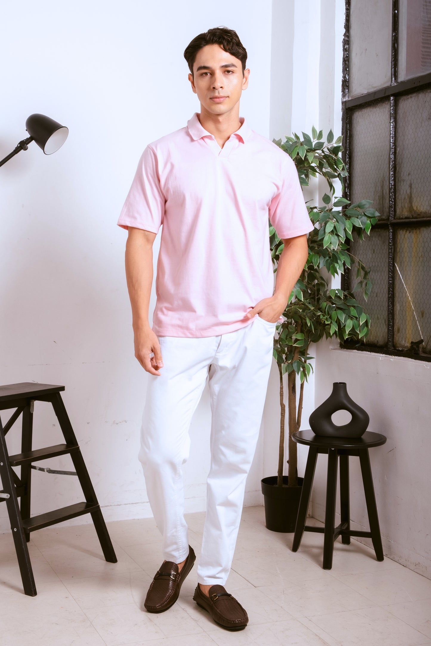 Classic V-Neck Polo Shirt - Light Pink