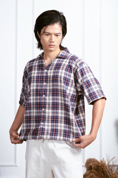 Vintage Boxy Cropped Shirt - White/D.Blue/Red