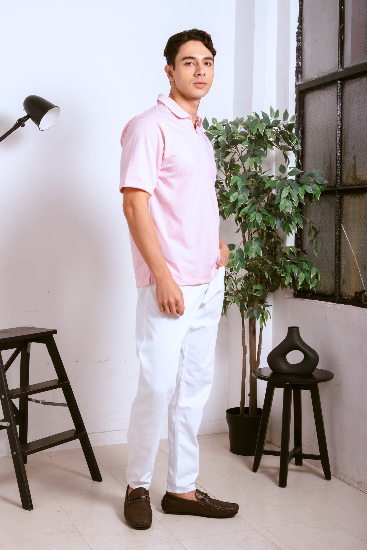 Classic V-Neck Polo Shirt - Light Pink