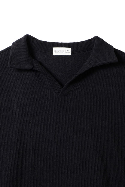 Knitted Open Collar Polo Shirt - Black