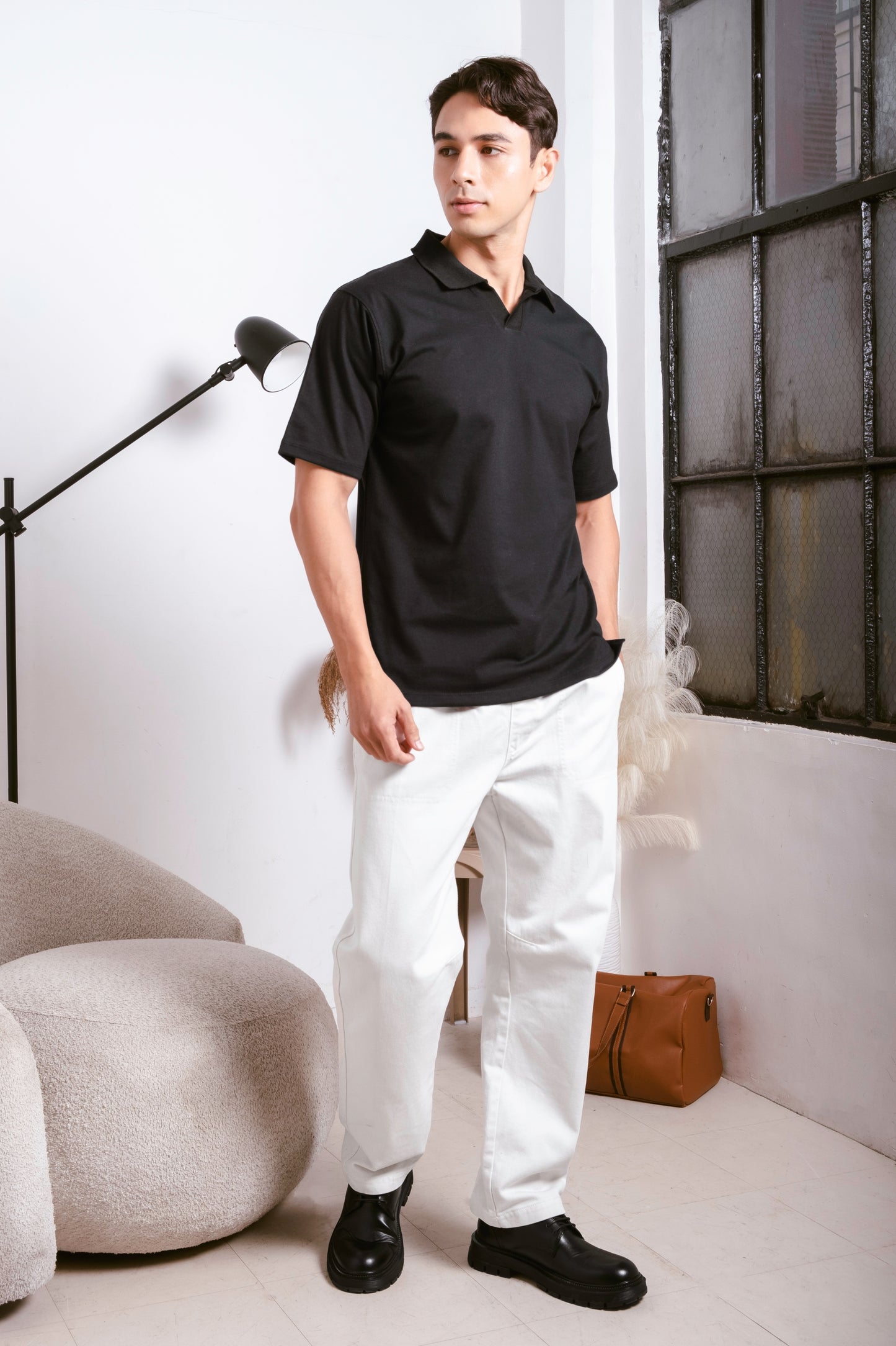 Classic V-Neck Polo Shirt - Black