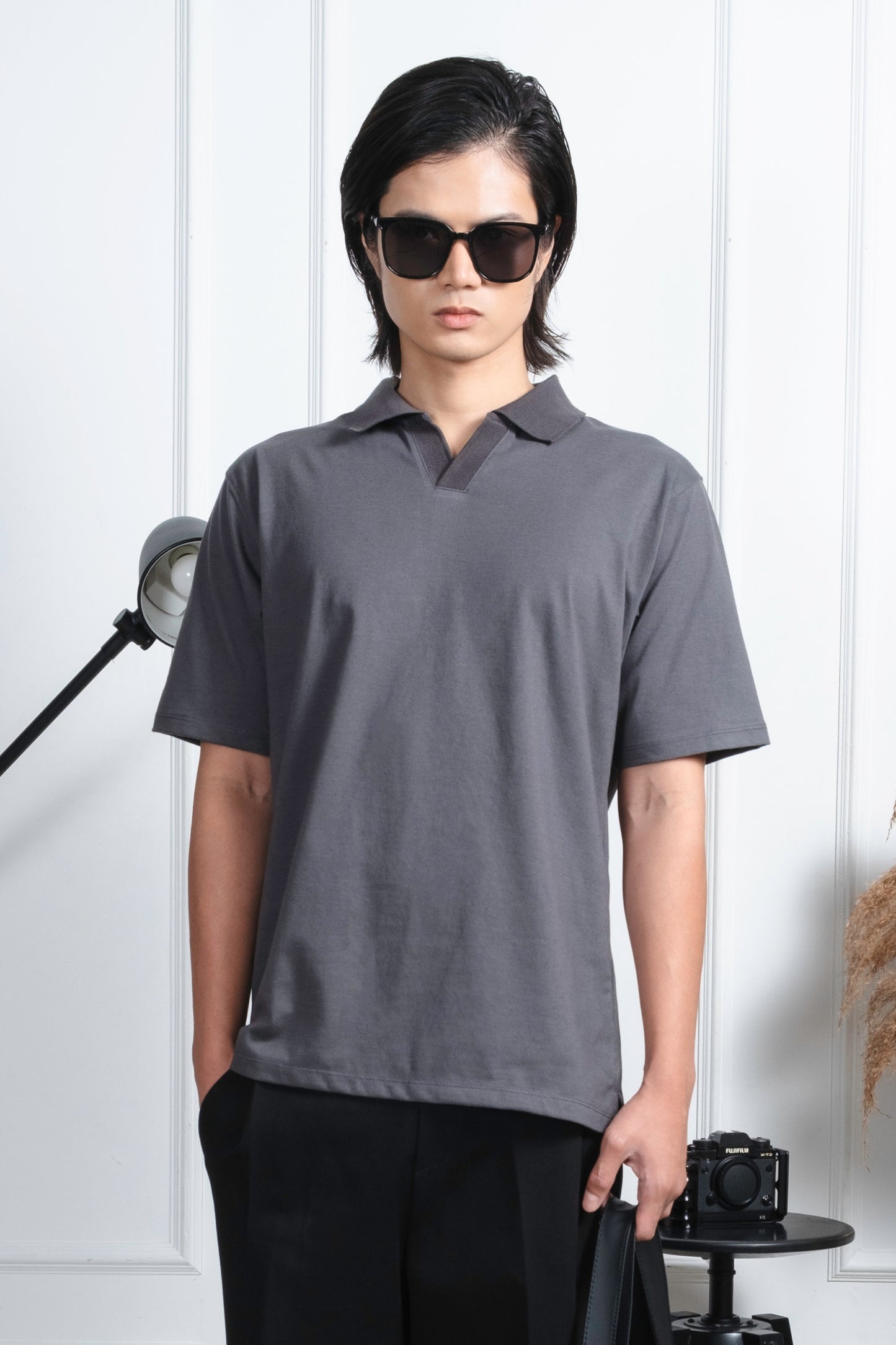 Classic V-Neck Polo Shirt - Dark Gray