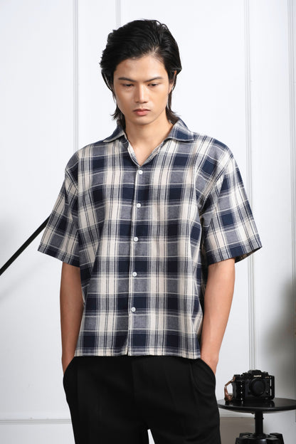Vintage Boxy Cropped Shirt - Off White/D.Blue