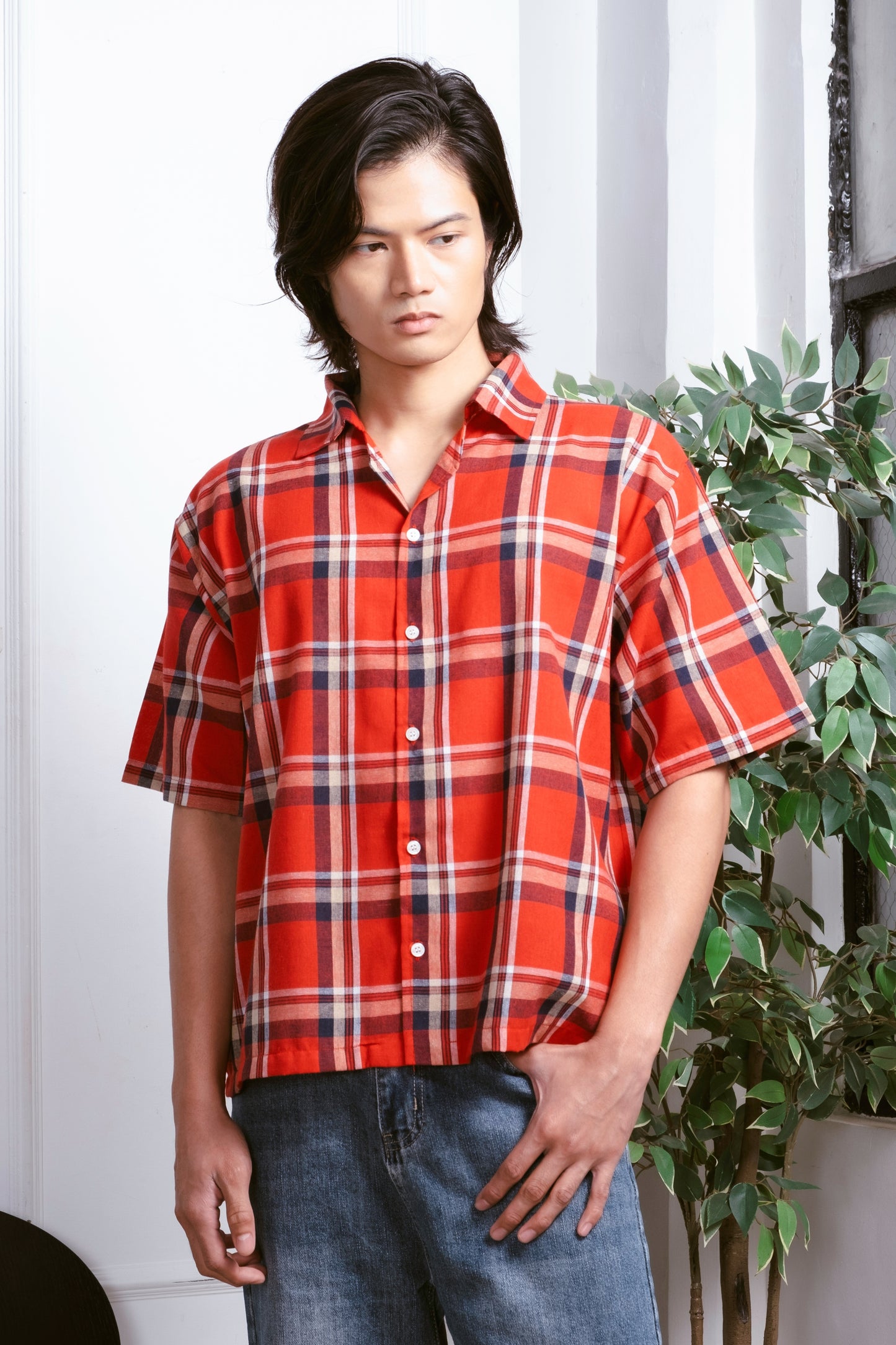 Vintage Boxy Cropped Shirt - Crimson Red