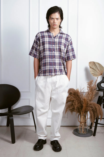 Vintage Boxy Cropped Shirt - White/D.Blue/Red