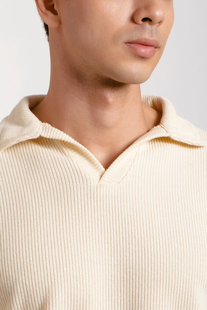 Knitted Open Collar Polo Shirt - Tuscan Cream
