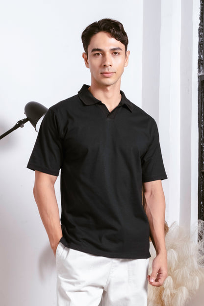Classic V-Neck Polo Shirt - Black