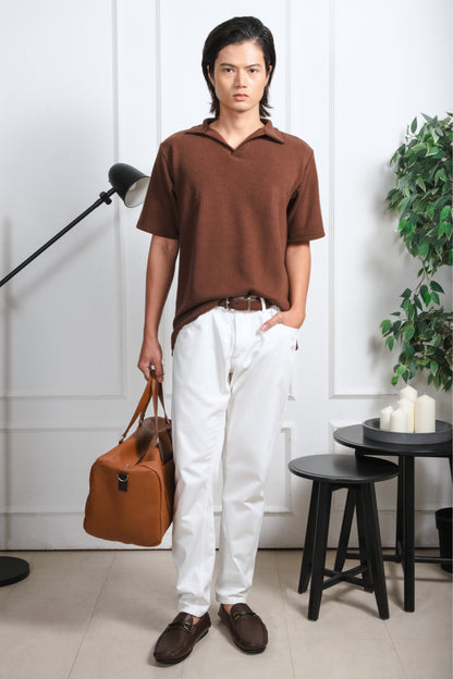Knitted Open Collar Polo Shirt - Cedar Brown